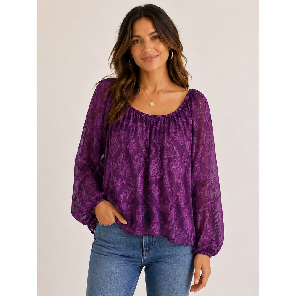 Mason & Belle Purple Paisley Sheer Long Sleeve Peasant Boho Blouse Size Large